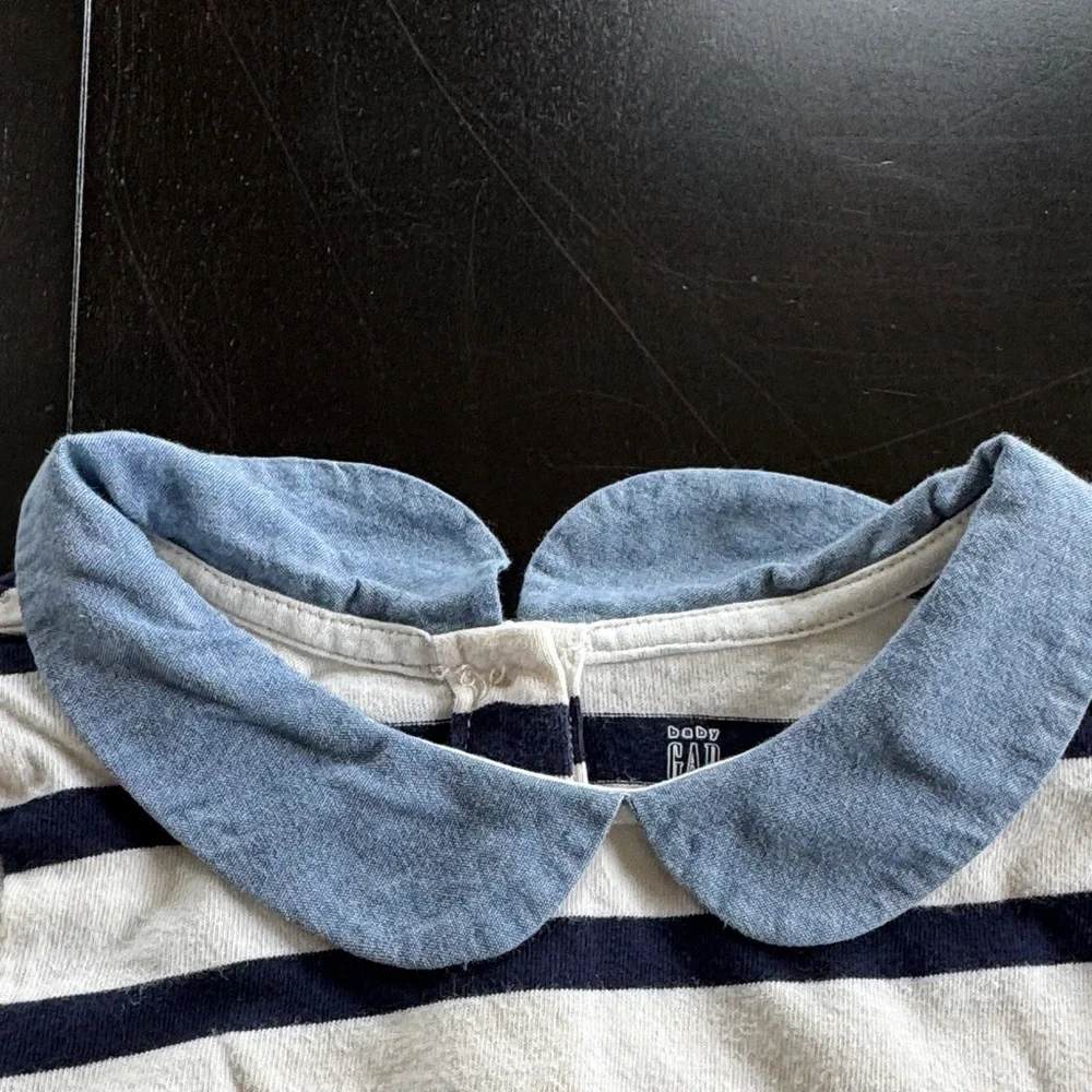 GAP Navy and White Striped Long-Sleeve Top with Light Blue Collar